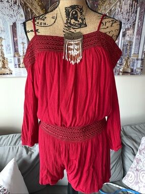 Purple Snow Deep Red Off-Shoulder Romper with Crocheted Trim